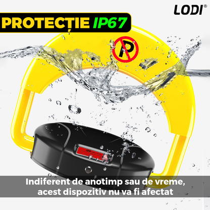 Blocator Parcare Automat Lodi674, pentru loc parcare si alee, cu telecomanda si alarma, greutate suportata 2 tone, material rezistent, anti-rugina, alimentare pe baterii, negru/galben