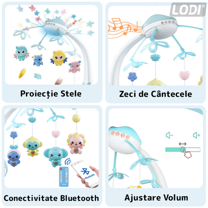 Carusel Muzical pentru Patut Lodi525, Bebe, control prin telecomanda, proiector, muzica si lumini, jucarii detasabile, albastru deschis