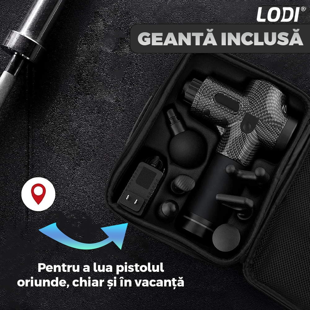Aparat Profesional pentru Masaj tip Pistol Lodi675, 30 viteze, motor silentios fara perii, 3200 percutii, sistem racire, 2500mAh, 6 capete, incarcare rapida, geanta pentru depozitare, negru