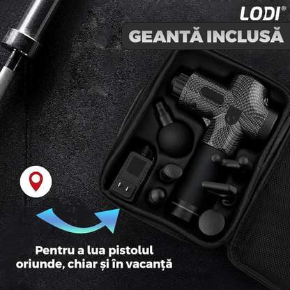 Aparat Profesional pentru Masaj tip Pistol Lodi675, 30 viteze, motor silentios fara perii, 3200 percutii, sistem racire, 2500mAh, 6 capete, incarcare rapida, geanta pentru depozitare, negru