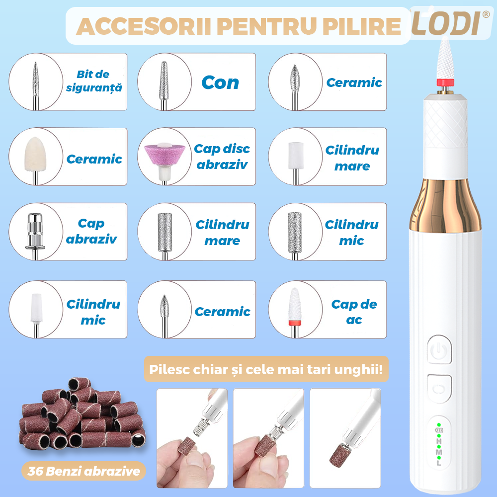 Pila Electrica Profesionala pentru Unghii Lodi1137, freza wireless, 18000 RPM, indicator led, manichiura-pedichiura, 12 capete pentru pila, 36 benzi de slefurie, portabila, alb
