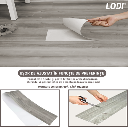 Set 36 Placi de Pardoseala Autoadezive Tip Parchet Lodi600, durabile, adeziv puternic,  PVC, 914.4mm x152.4mm, mm 4.9 m²/box, gri dungi