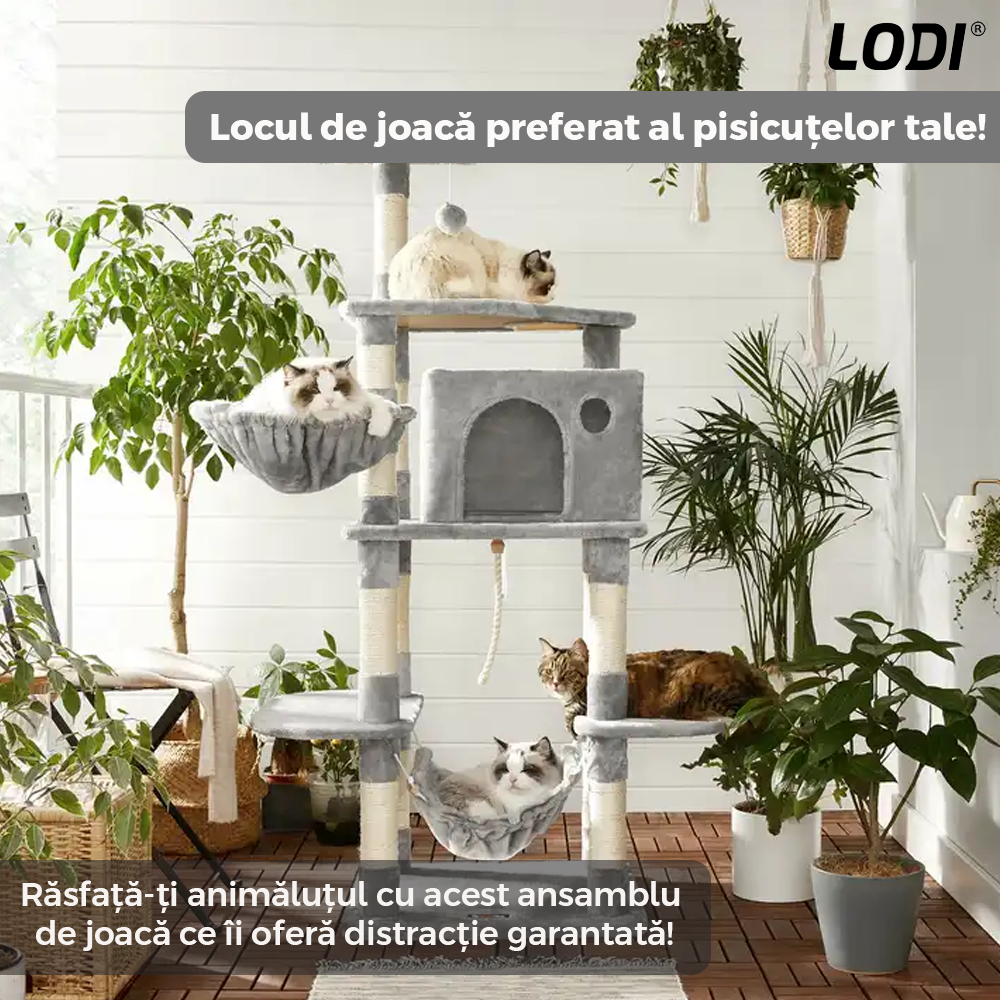 Ansamblu de Joaca pentru Pisici Lodi625, tip turn,1 platforma de observatie, 4 niveluri, 1 casuta, scara, hamac, franghie si mingiuta de joaca, stalpi pentru zgariat, captuseala extra moale, structura stabila, 164 cm, gri deschis