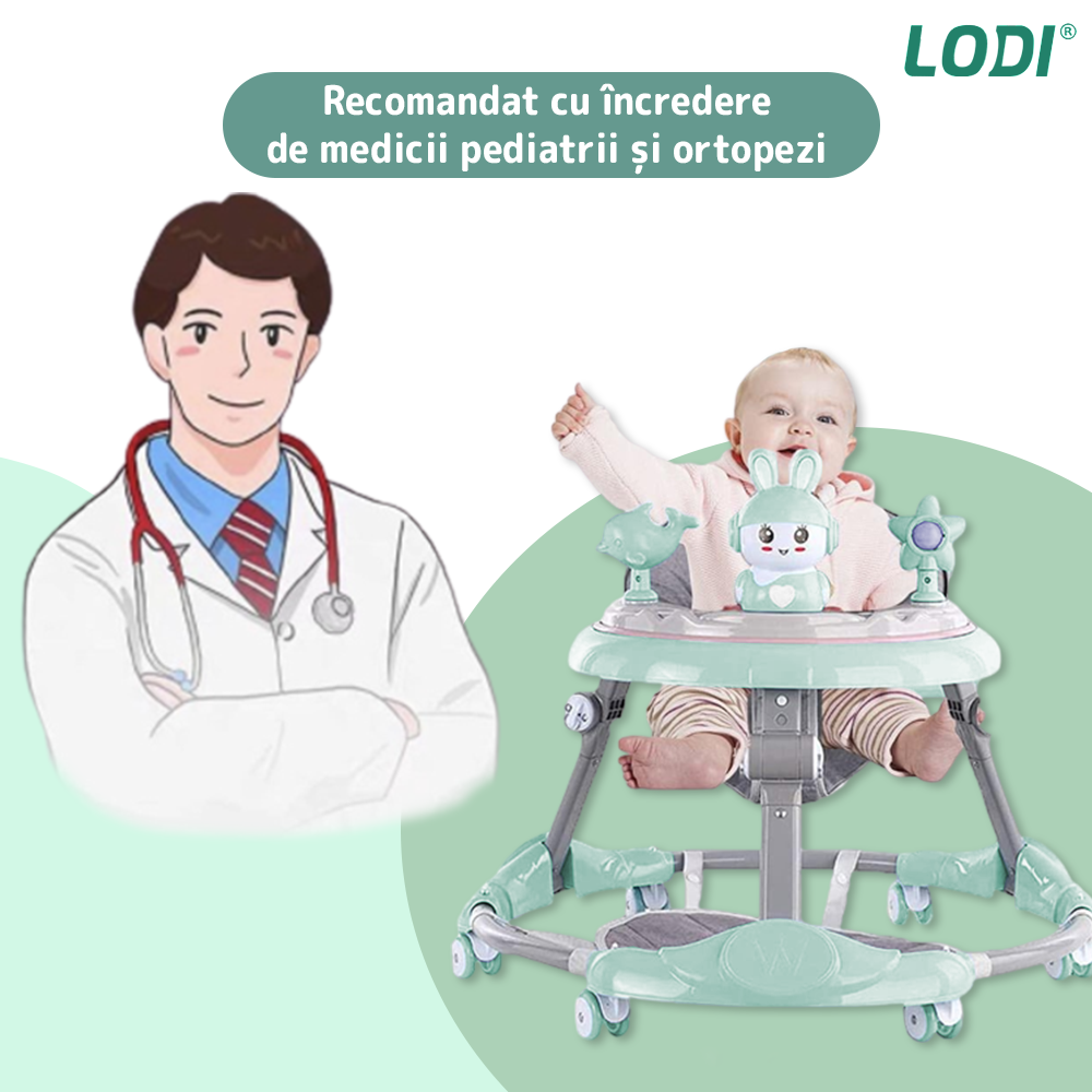 Premergator Multifunctional pentru Bebelusi Lodi638, tava cu 3 jucarii, muzica, reglabil, pliabil, greutate max 20kg, 6-36 luni, verde
