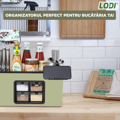 Organizator Multifunctional pentru Bucatarie Lodi536, 4 Compartimente, raft condimente, suport detasabil telefon,  tavita de scurgere, suport tacamuri/ustensile, verde deschis