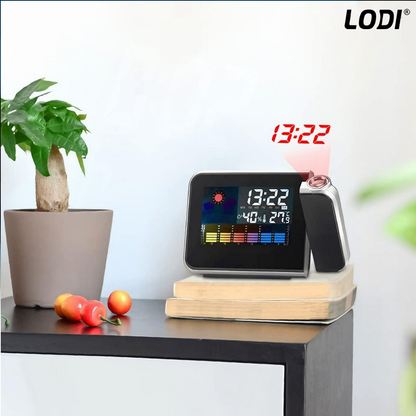 Ceas cu Proiector Multifunctional Lodi1499, statie meteo, higrometru, wireless, afisaj digital, proiector rotativ la 180°, predictie vreme 12 ore, 15 x 11 x 2.5 cm, negru