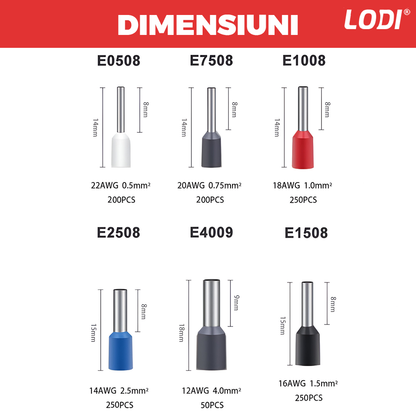 Trusa Sertizare Cabluri Electrice Lodi1268, ferule, cleste sertizare auto-reglabil cu revenire automata 0.25-10mm, maner anti-alunecare, 500 pini terminali, rosu/albastru