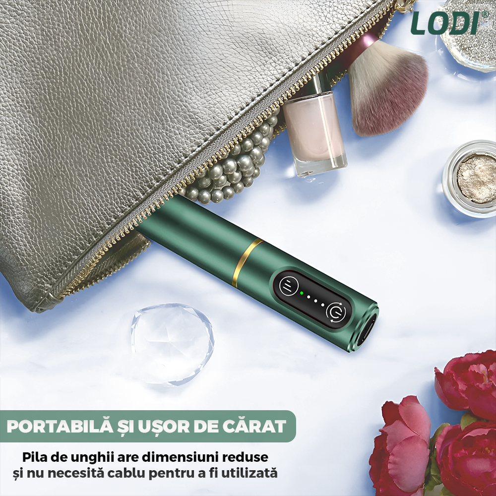 Pila Electrica Profesionala pentru Unghii Lodi1138, freza wireless, 18000 RPM, ecran LED, manichiura-pedichiura, 12 capete pentru pila, 36 benzi de slefurie, portabila, verde