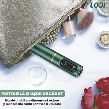 Pila Electrica Profesionala pentru Unghii Lodi1138, freza wireless, 18000 RPM, ecran LED, manichiura-pedichiura, 12 capete pentru pila, 36 benzi de slefurie, portabila, verde