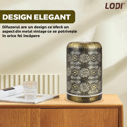Difuzor Aromaterapie Lodi605, din metal, design vintage, 7 culori LED, 2 jocuri de lumini, capacitate 250ml, silentios, umidifica aerul, bronz