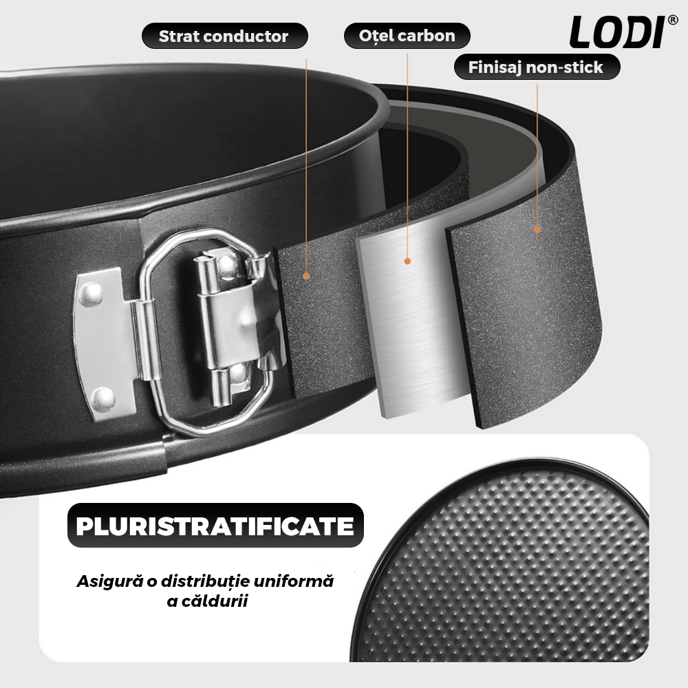 Set 3 Tavi pentru Copt Lodi1073, forma inima/cerc/patrat, baza detasabila, antiaderente, rezistente, usor de curatat, 24/26/28 cm, negru