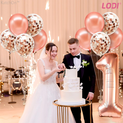 Set 12 Baloane Lodi1060, Cifra 1, pentru Petreceri/Aniversari/Evenimente, Stea/Rotunde/Confetti, 3 culori, latex, rose gold