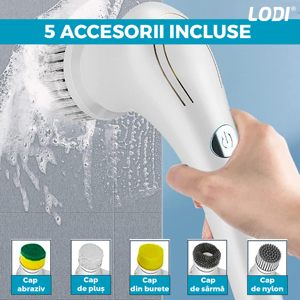 Perie Electrica pentru Curatat 5 in 1 Lodi358, fara fir, multifunctionala, incarcare usb, 5 capete, alb