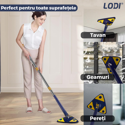 Mop cu Cap Triunghiular Lodi1145, rotire 360 grade, telescopic, curatare usoara, 2 lavete incluse, 127 cm, albastru/galben deschis