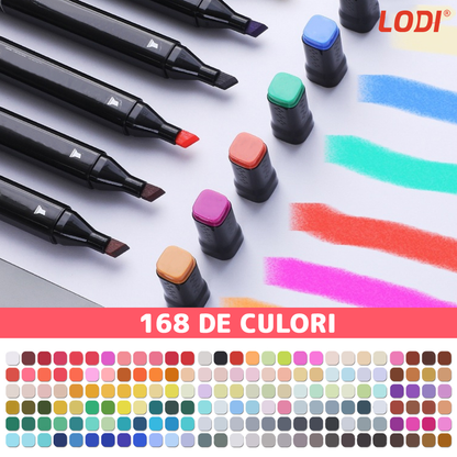 Set 168 Markere Lodi19, geanta de depozitare inclusa, 2 tipuri de varf, pe baza de alcool, culori intense, multicolor