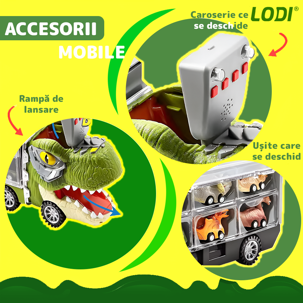 Set Camion Trailer de Jucarie pentru Transport Lodi1168, T-REX, 12 vehicule incluse, masina, barca, elicopter, accesorii mobile, lansator si rampa frontala, platforma tractare, verde deschis