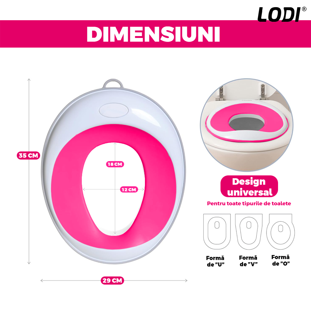 Reductor WC Copii Lodi649, suprafata antiderapanta, confortabil, protectie impotriva stropilor, compatibilitate universala, inel de prindere, portabil, alb/roz