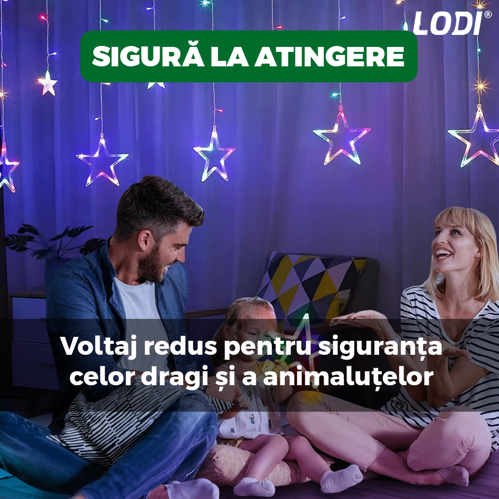 Instalatie de Craciun Tip Perdea Lodi1443, 3x3 m, model stelute, 8 jocuri de lumini, alimentare la priza, fir transparent, interior/exterior, rezistenta la apa, 12 figurine, multicolor