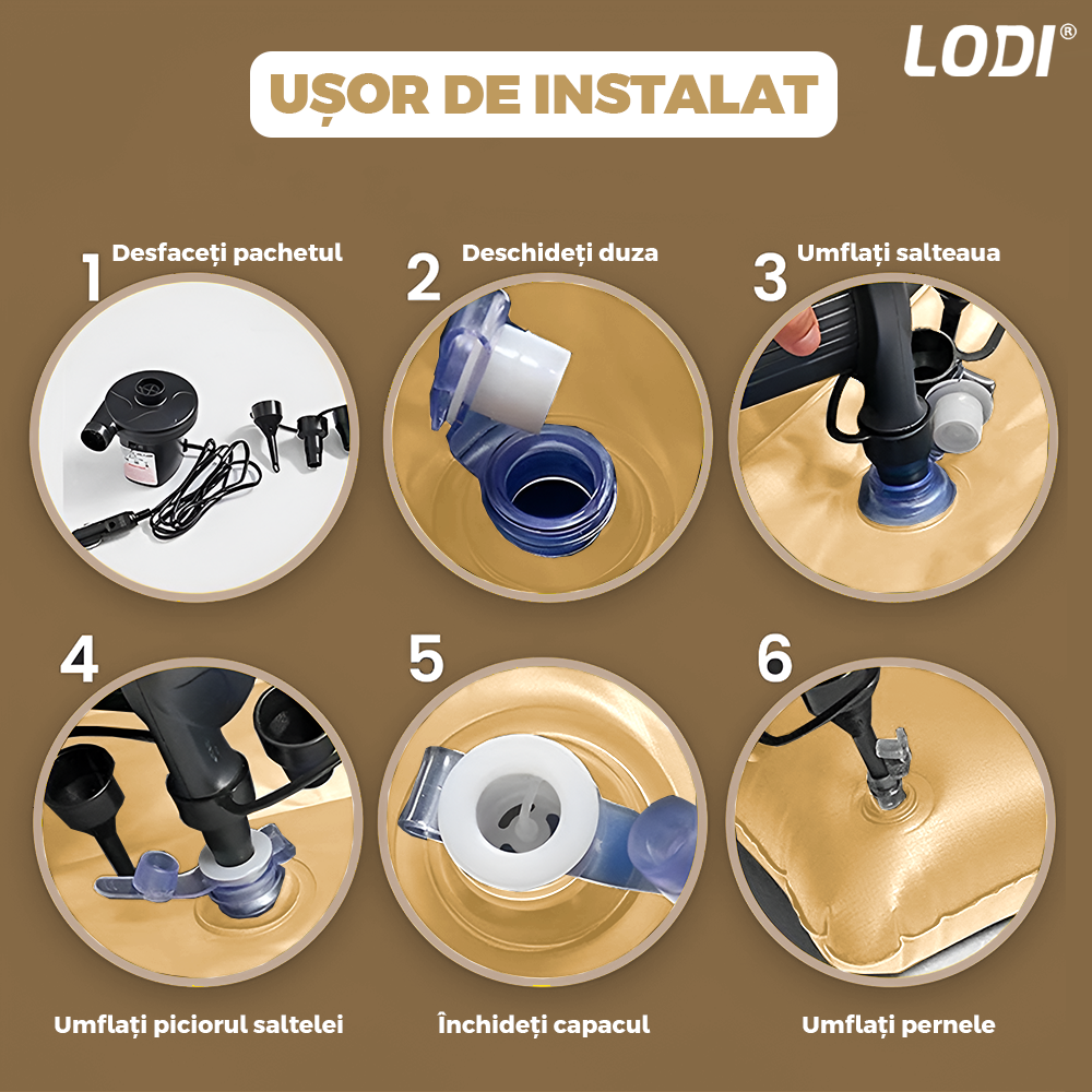 Saltea Auto Gonflabila 2 in 1 Lodi1275, scaun spate si travel bed, materiale calitative, pluristratificata, saculet de depozitare, pompa pentru umflare inclusa, 138 x 85 cm, bej