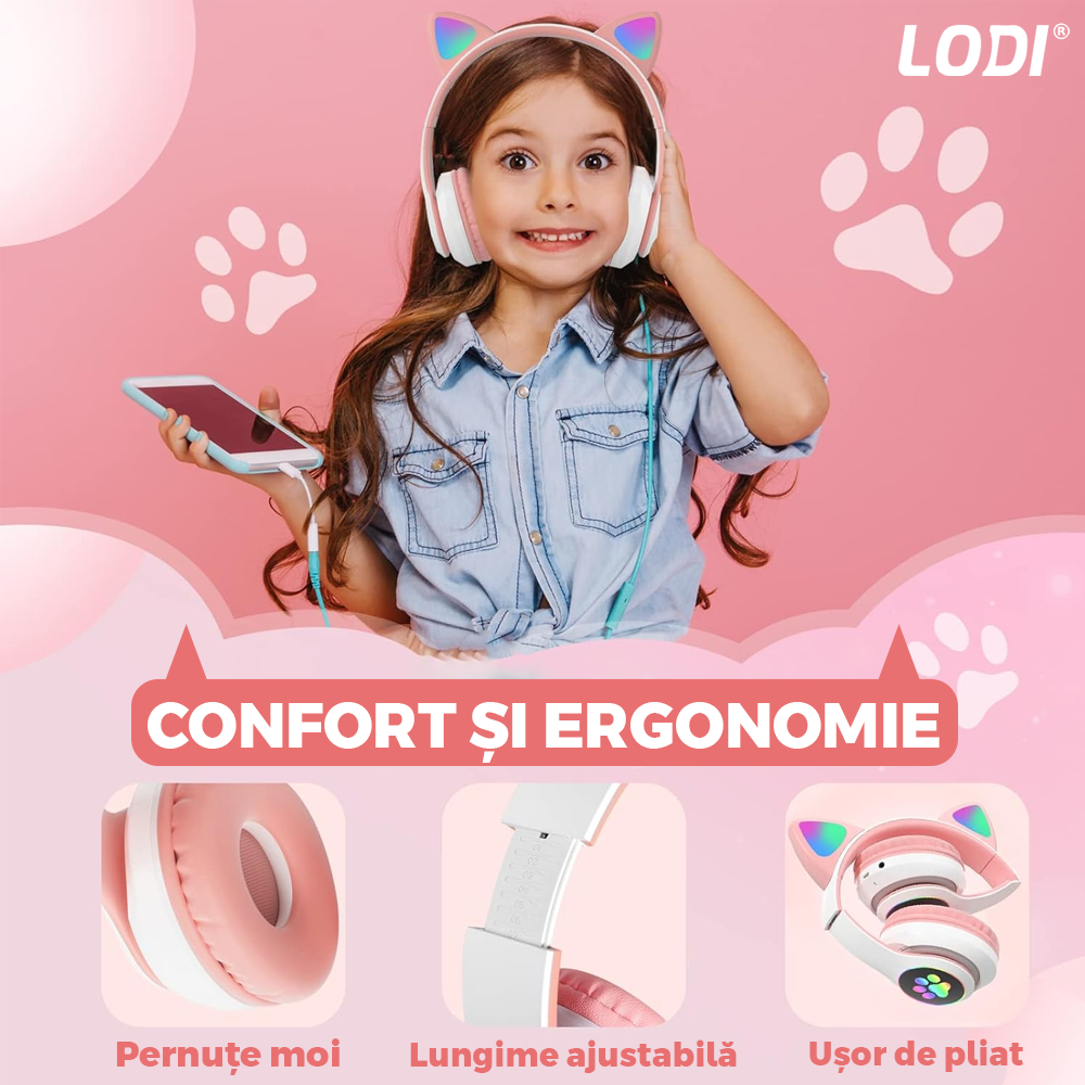 Casti Wireless Model Pisica Lodi945, STN-28, overear, urechi de pisica cu iluminare RGB, bluetooth 5.0, handsfree, HiFi, bass stereo, roz