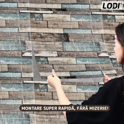 Set 10x Tapet Caramida 3D Lodi1091, Model Lemn, suprafata acoperire 4.9 mp, autoadeziv, waterproof, usor de montat, design modern, 70x70 cm, maro verde
