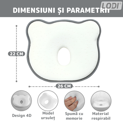 Perna pentru Bebelusi Lodi993, model ursulet, husa de protectie inclusa, spuma cu memorie, anti-plagiocefalie, pentru formarea capului, 26x22 cm, alb