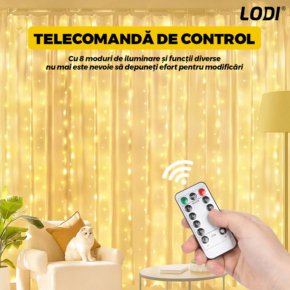 Instalatie de Craciun Perdea Lodi1441, fir cupru, 3x3 m, control prin telecomanda, 8 jocuri de lumini, alimentare USB, fir alb, interior/exterior, 300 LED-uri, alb cald