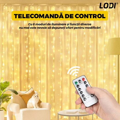 Instalatie de Craciun Perdea Lodi1441, fir cupru, 3x3 m, control prin telecomanda, 8 jocuri de lumini, alimentare USB, fir alb, interior/exterior, 300 LED-uri, alb cald