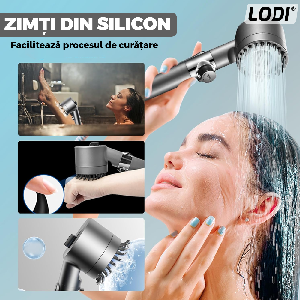 Para de Dus Lodi976, 6 filtre extra, buton On/Off, presiune ajustabila, filtrare apa, jet uniform, zimti de silicon pentru curatare, gri