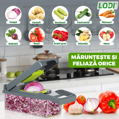 Feliator de Legume 13 in 1 Lodi752, multifunctional, 8 taieturi, accesorii pentru tocat, maruntit, feliat, julienne, separator de oua, lame de inox, 28 x 13 cm, verde