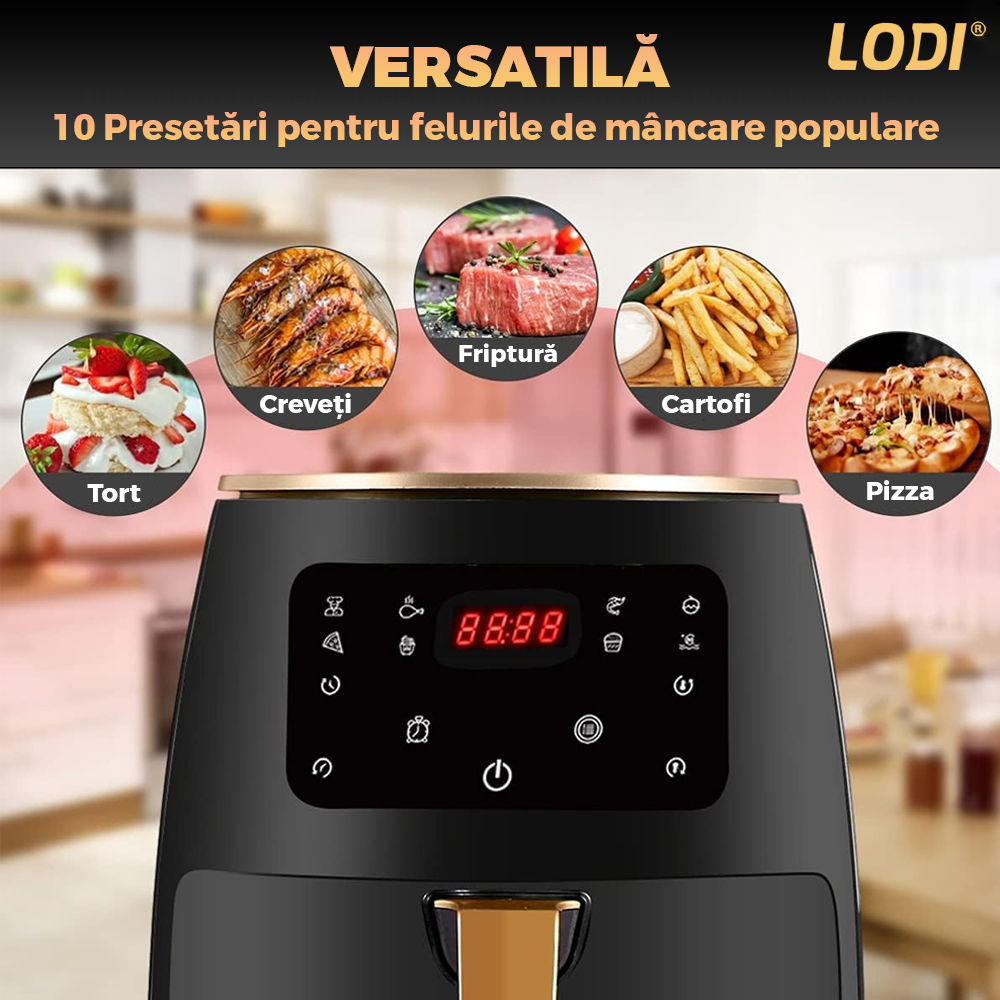 Friteuza Fara Ulei Air Fryer Lodi, tehnologie smart sensing, programe smart chef automate, afisaj digital, capacitate 6 L, tehnologie de eliminare a grasimii, functie de pastrare la cald, tensiune alimentare 220 V