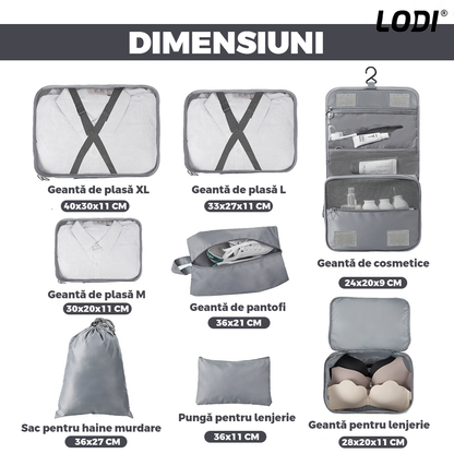 Set 8 Organizatoare Lodi673, pentru calatorie, diferite marimi, 3 genti cu plasa, 1 geanta pentru lenjerie, geanta pentru cosmetice, sac pentru hainele murdare, inchidere cu fermoar dublu, plasa, gri