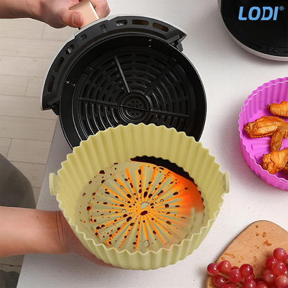 Set 4 Tavi de Copt Rotunde din Silicon Lodi988, pentru friteuza/cuptor/microunde, reutilizabile, antiaderente, rezistente la temperaturi inalte, 21 x 17 cm, multicolor
