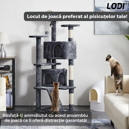 Ansamblu de Joaca pentru Pisici Lodi629, tip turn, 3 platforme de observatie, 6 niveluri, 2 casute, scara, franghie si mingiuta de joaca, stalpi pentru zgariat, captuseala extra moale, structura stabila, 138.5 cm, gri inchis
