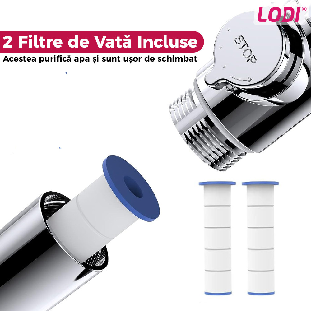 Para de Dus Turbo Lodi200, 2 filtre extra, buton On/Off, presiune ajustabila, filtrare apa, jet uniform, cap Rotativ 360°, rosu