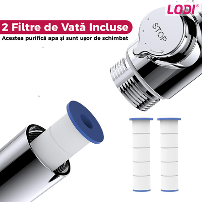 Para de Dus Turbo Lodi200, 2 filtre extra, buton On/Off, presiune ajustabila, filtrare apa, jet uniform, cap Rotativ 360°, rosu