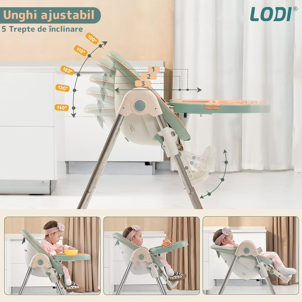 Scaun de Masa 3in1 pentru Bebelusi si Copii Lodi633, inaltime ajustabila, centura de siguranta in 5 puncte, tavita reglabila si detasabila, roti cu frana incorporata, verde smarald