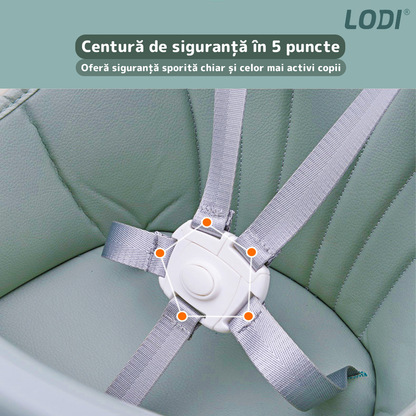 Scaun de Masa 3in1 pentru Bebelusi si Copii Lodi634, inaltime ajustabila, centura de siguranta in 5 puncte, tavita reglabila si detasabila, loc depozitare jucarii, verde turcoaz
