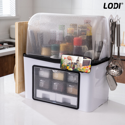 Organizator Multifunctional pentru Bucatarie Lodi483,  suport sticle, rafturi pentru condimente, cuier pentru ustensile, suport cutite, 46 x 26 x 43 cm, alb