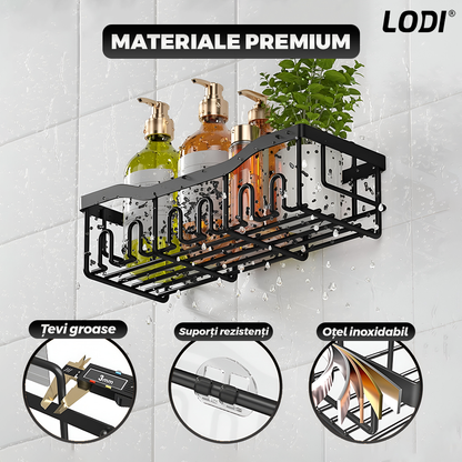 Set 5 Rafturi pentru Dus Lodi1264, depozitare si organizare, baie/bucatarie, otel inoxidabil, montare adeziva, rezistenta ridicata, cuiere incorporate, suporturi inalte, negru