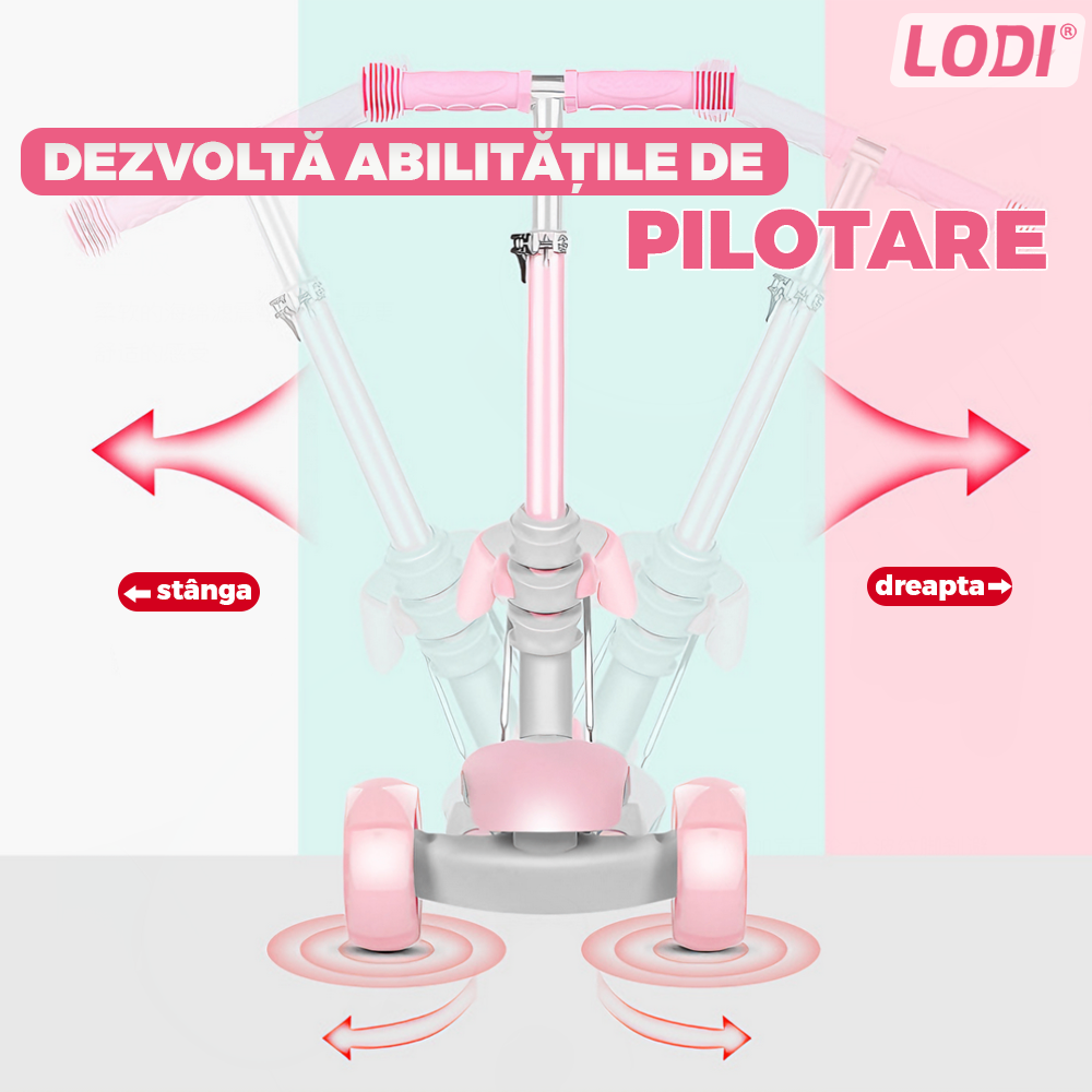 Trotineta pentru Copii 2 in 1 Lodi1113, scaunel incorporat, lumini,3 roti, cosulet frontal, anti-aluncare, inaltime ajustabila, stabila, frana, incorporata, 3-11 ani, roz