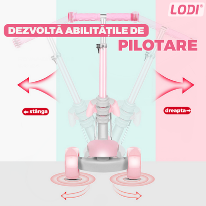 Trotineta pentru Copii 2 in 1 Lodi1113, scaunel incorporat, lumini,3 roti, cosulet frontal, anti-aluncare, inaltime ajustabila, stabila, frana, incorporata, 3-11 ani, roz