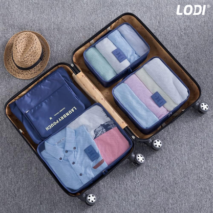 Set 6 Organizatoare Lodi671, pentru calatorie, diferite marimi, bagaj de voiaj, valiza, troler, genti, haine, accesorii, inchidere cu fermoar dublu, plasa, albastru inchis