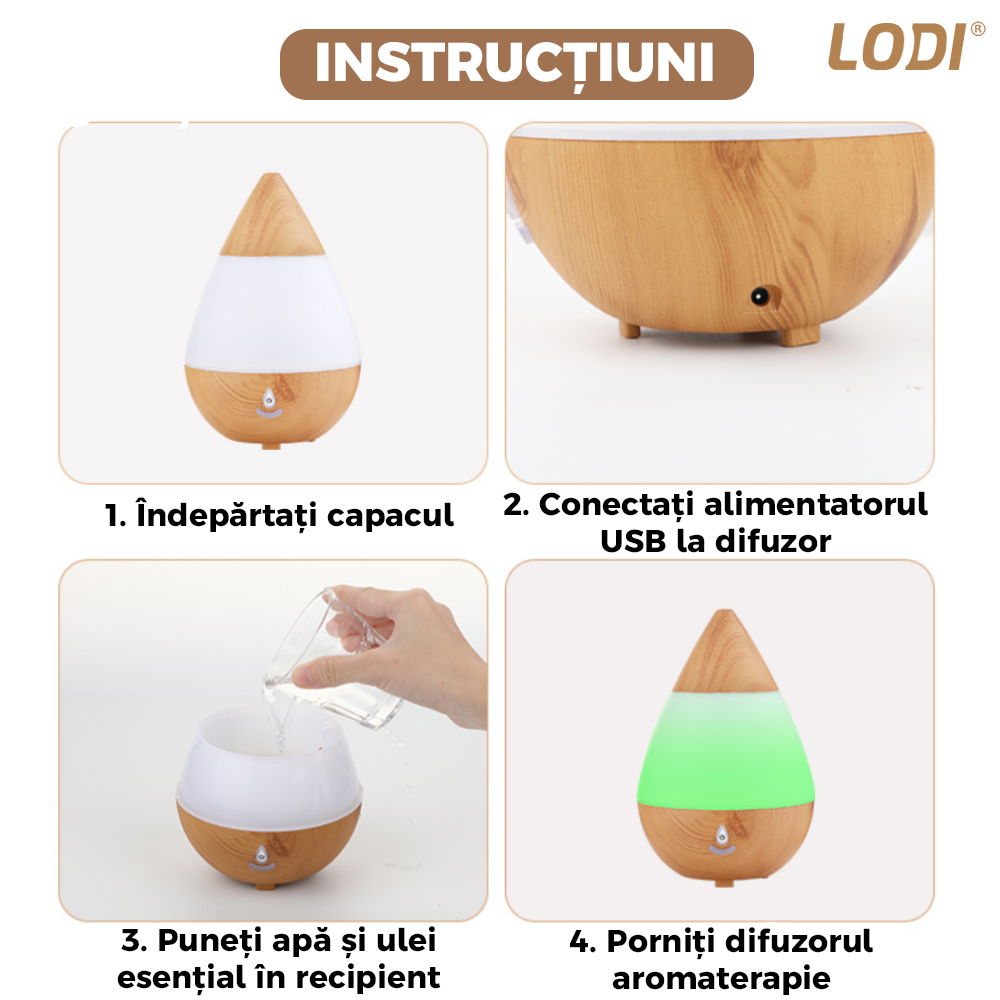 Difuzor Aromaterapie Lodi214, 7 culori LED, lumini dinamice, buton on/off, capacitate 235ml, silentios, umidifica aerul, stejar deschis