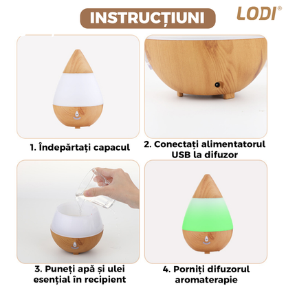 Difuzor Aromaterapie Lodi214, 7 culori LED, lumini dinamice, buton on/off, capacitate 235ml, silentios, umidifica aerul, stejar deschis