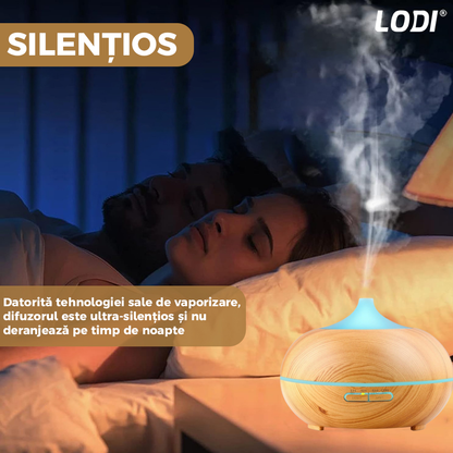 Difuzor Aromaterapie Lodi213, 7 culori LED, 2 jocuri de lumini, control prin telecomanda, capacitate 500ml, silentios, umidifica aerul, stejar deschis