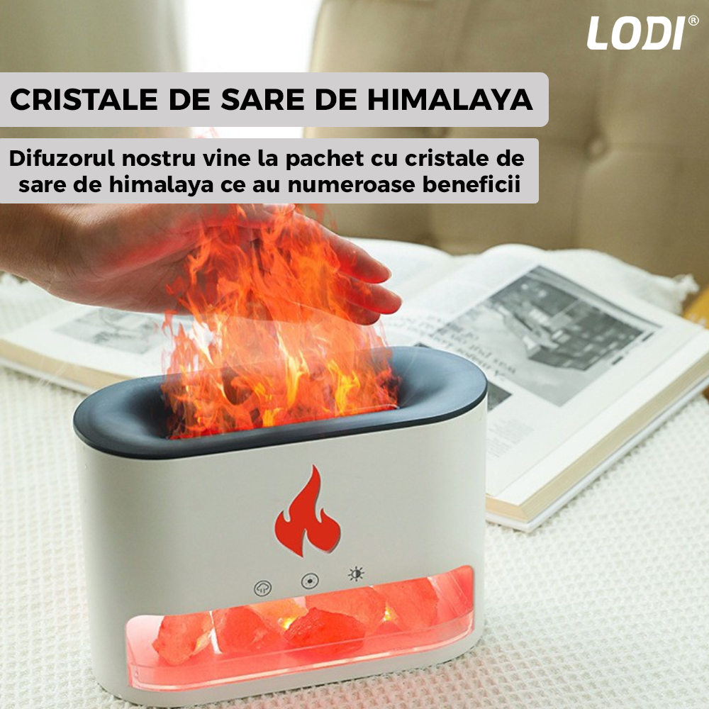 Difuzor Aromaterapie Lodi593, efect flacara, 4 culori LED, capacitate 250ml, cristale de sare de himalaya, silentios, umidifica aerul, alb