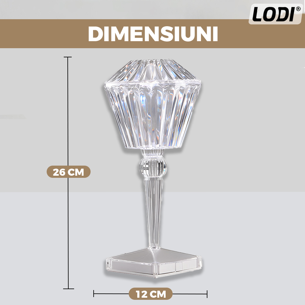 Lampa Ambientala Cristal LED Lodi1220, forma diamant, portabila, 3 moduri de iluminare, intensitate ajustabila, tactila, incarcare USB