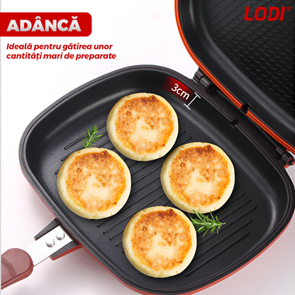 Tigaie Dubla cu Presiune Lodi1216, doua fete, pliabila, pluristratificata, invelis din ceramica,  pentru griil sau gatit clasic, rosu/negru