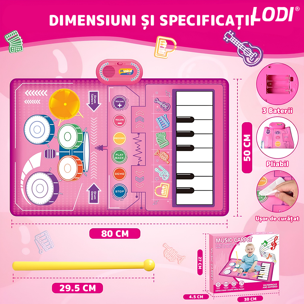 Covoras Muzical Interactiv pentru Copii Lodi1270, pian cu 8 clape, tobe, 5 instrumente muzicale incluse, acordeon, xilofon, chitara, vioara, trompeta, educational, usor de curatat, pliabil, roz